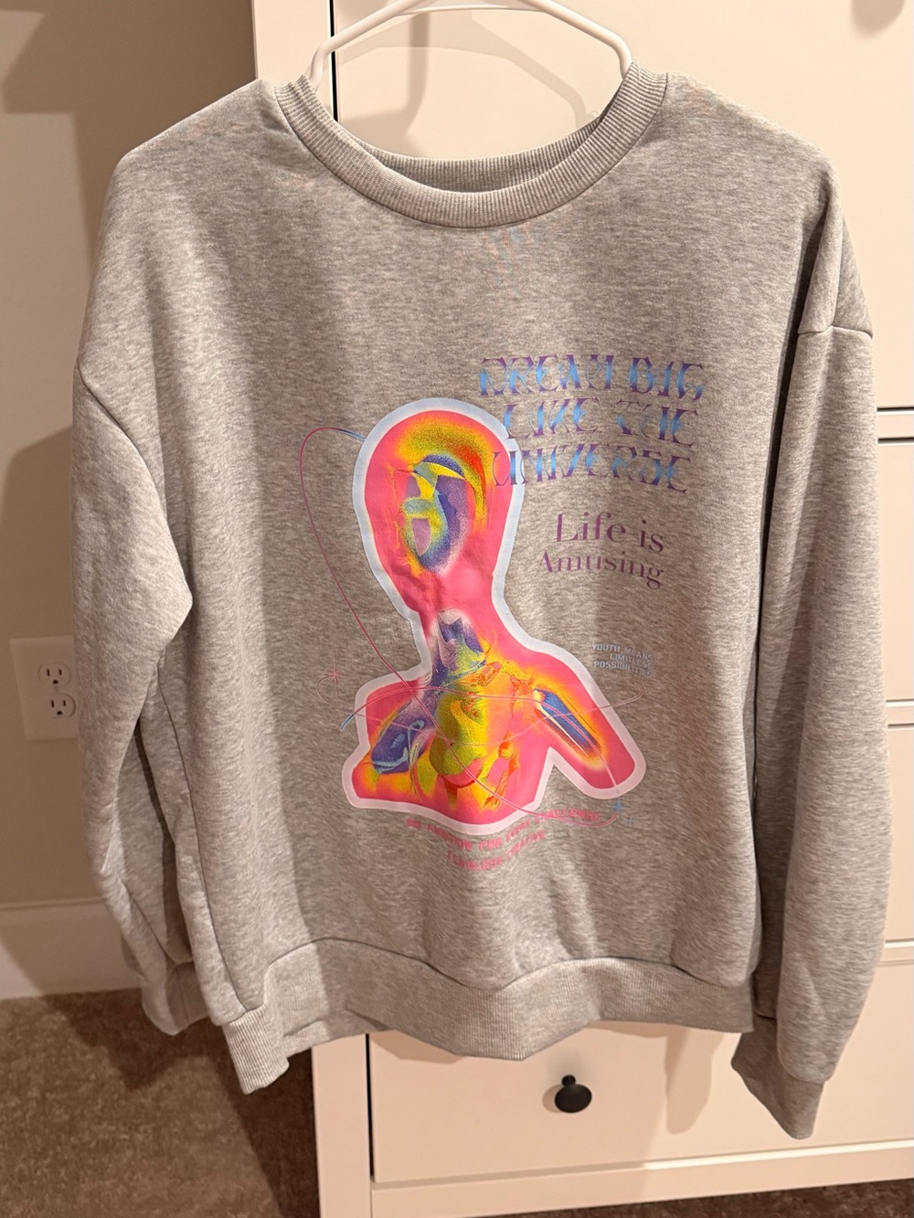SHEIN Grey Crewneck Sweatshirt with Neon Pink, Yellow & Blue Graphic